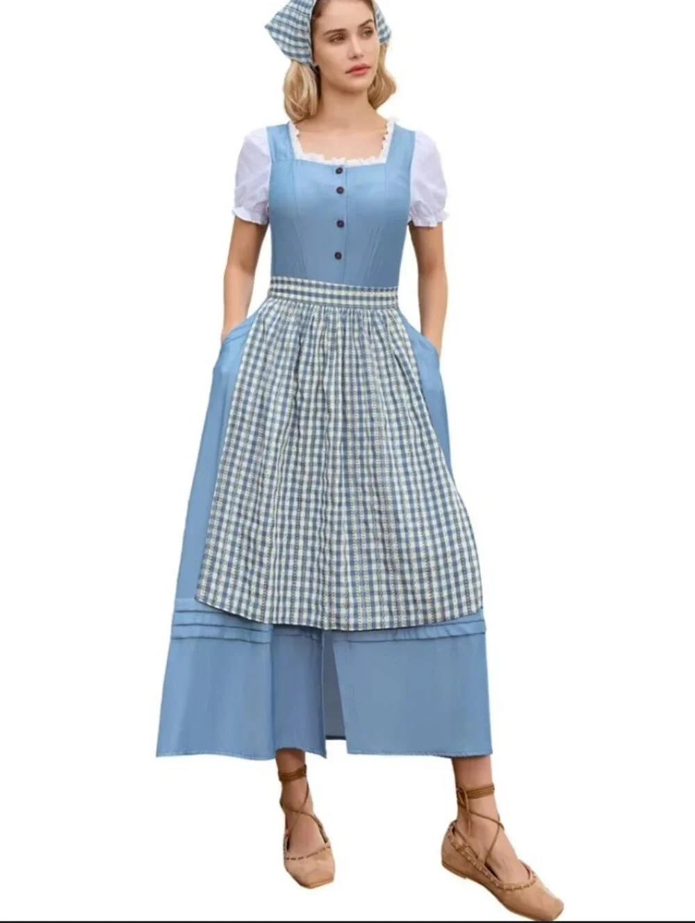 True vintage handmade blue dainty floral puff sleeve prairie midi dress w